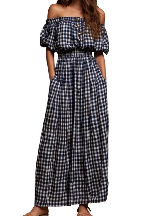 Dresses & Skirts - New Off-Shoulder Black & White Gingham Maxi Dress M/L